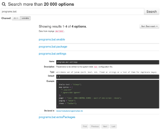 A search query `programs.bat.` on the official NixOS Search - Options.