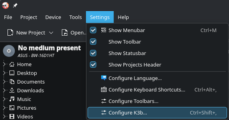 Settings >> Configure K3b...